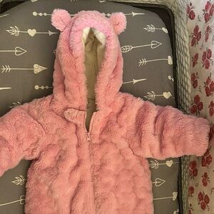 Plush Pink Hooded Baby Snowsuit with Bear Ears
